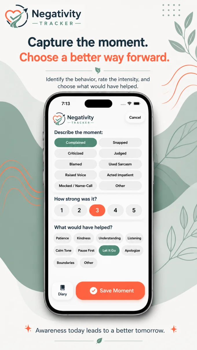 Track a moment screen with behavior, intensity, and helpful alternative choices